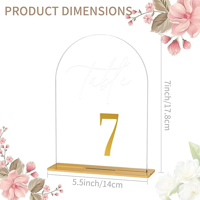 Arch Wedding Table Numbers 1-30 w/Stand, Gold 3D Table Numbers for Reception - 5.5" X 7" Elegant Acrylic Arch Sign with Holder, Perfect for Wedding, Anniversary, Banquet, and Event Decor