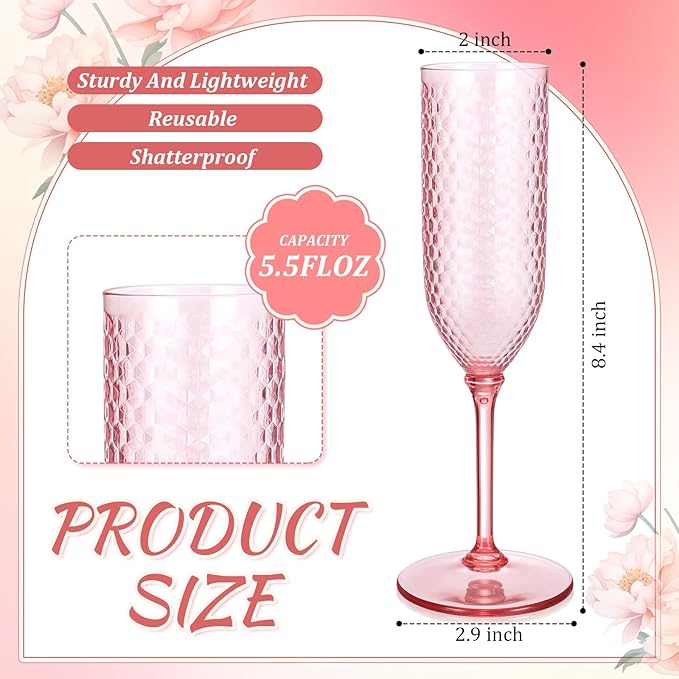 Remerry 24 Pack Detachable Plastic Champagne Flutes 5.5 oz Champagne Glasses Bulk Disposable Mimosa Glasses Reusable Wine Cups for Wedding Toasting Baby Shower Birthday Party New Years (Pink)