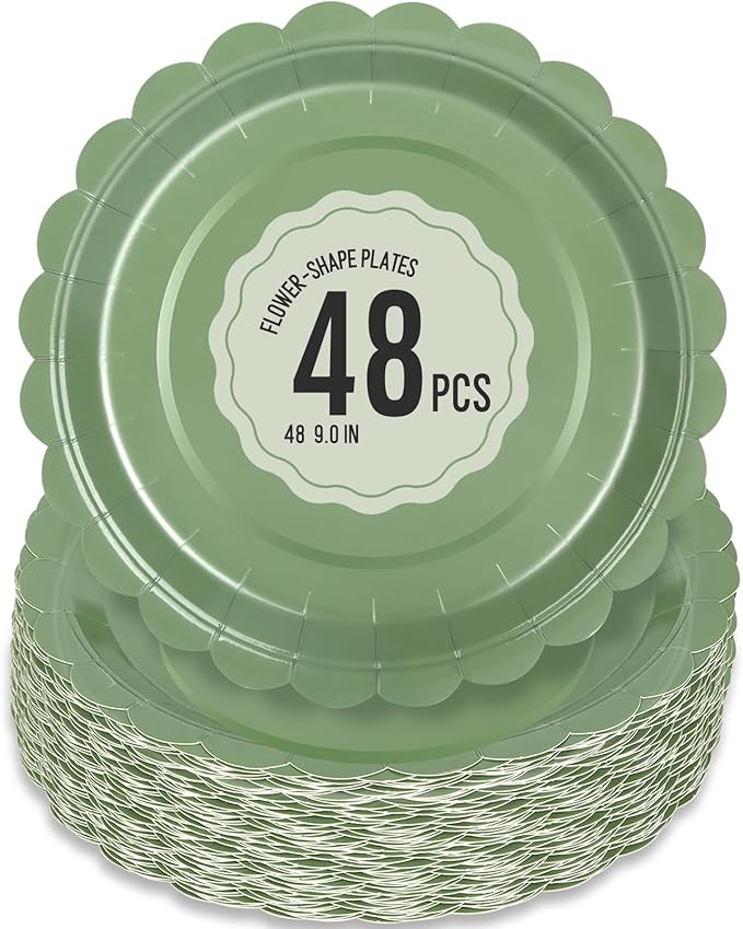 48 Pcs Sage Green Paper Plates 9 Inch Scalloped Dessert Plates - Disposable Sage Green Cake Plate - Baby Shower Birthday Party Wedding Bridal Party Supplies