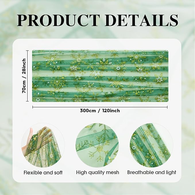 Artoid Mode Green Gold Snowflakes Christmas Gauze Table Runner 120 Inch 10FT, Winter Seasonal Sheer Dining Holiday Wedding Table Decor for Home Party