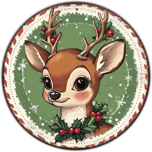 Round Retro Reindeer Metal Tin Sign - Vintage Christmas Decor for Home Coffee Wall - 8 * 8 in