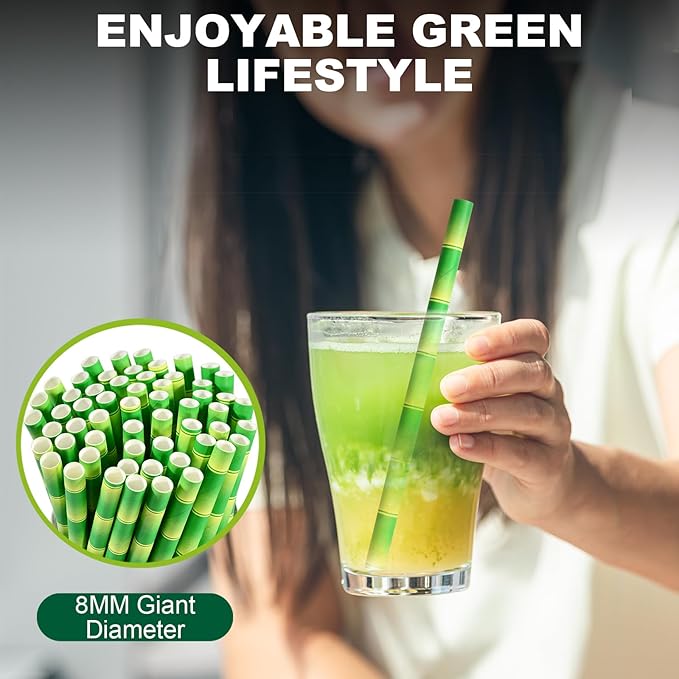 5.75" x 0.31" Green Bamboo Disposable Paper Drinking Straws for Short Drinks, Blended Cocktails, Margaritas, Smoothies, Milkshakes - Unwrapped [250 Counts]