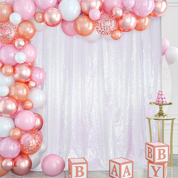 Juya Delight White Iridescent Sequin Backdrop, 6ftx6ft Glitter Photo Backdrop Curtain for Birthday Party Wedding Festival Ceremony
