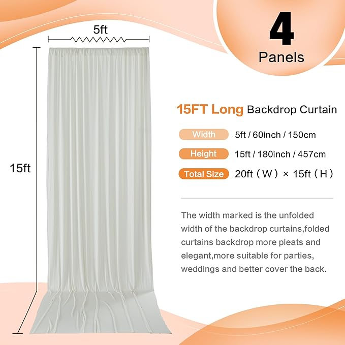 20ft x 15ft Ivory Wrinkle Free Backdrop Curtains for Parties,Silky Polyester Fabric Wedding Ceiling Drapes, 4 Panels 15ft Photo Back Drop Drapes for Baby Shower Photography Stage Background Cloth
