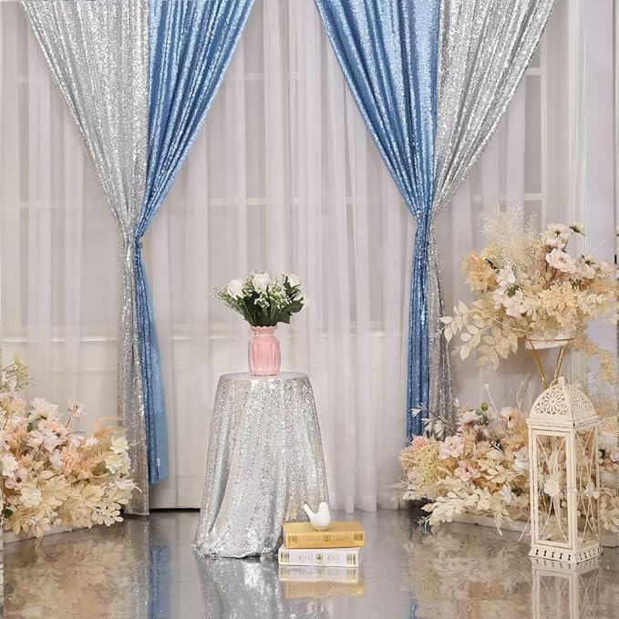 Juya Delight Sequin Backdrop Curtain,4PCS 2FTx8ft Glitter Backdrop Curtain for Party,Birthday,Christmas Wedding Decoration,Baby Blue