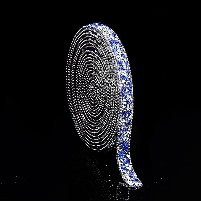 Self Adhesive Rhinestone Ribbon Diamond Ribbon Sticker Crystal Roll Glitter Bling Rhinestones Tape for Crafting DIY Art Decoration (Silver and Blue, 0.4 Inches*3 Yards)