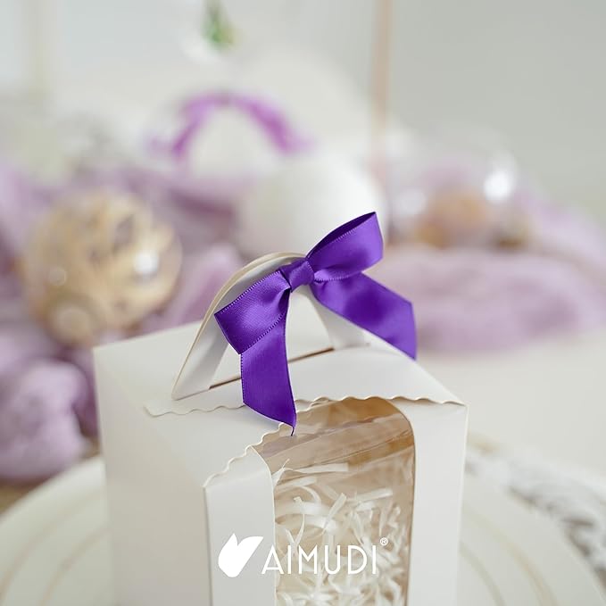 AIMUDI Small Purple Bows for Christmas Tree 2.5" Pre Tied Satin Ribbon Twist Tie Bows for Treat Bags Premade Mini Bows for Crafts Ribbon Bows for Gift Wrapping Halloween Party Favors - 50 Counts