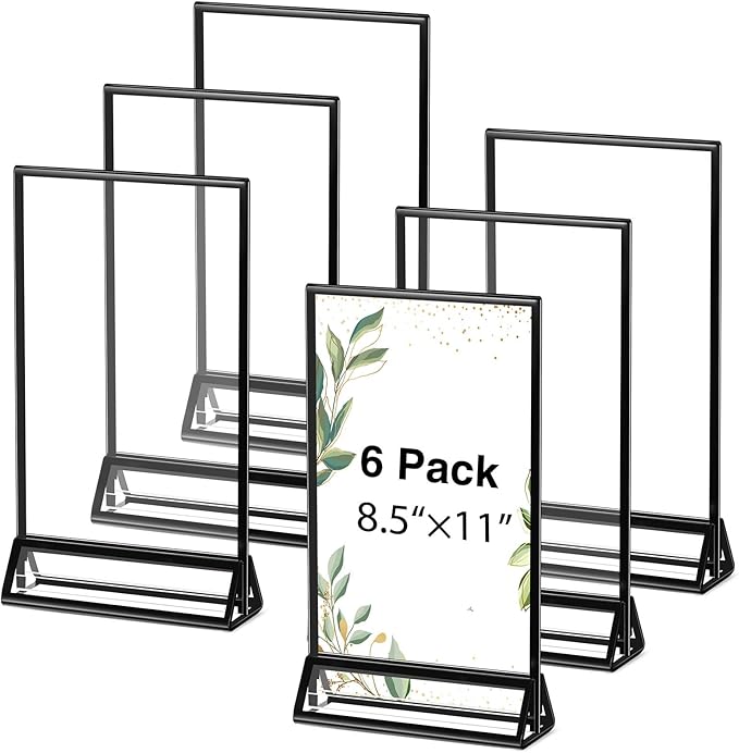 Zonon Acrylic Sign Holder 5x7, 6 Pack Vertical Double Sided Menu Display Stand with Borders, Double Sided Wedding Table Menu Holders Picture Frames for Restaurant, Christmas Party(8.5 x 11 Inch)