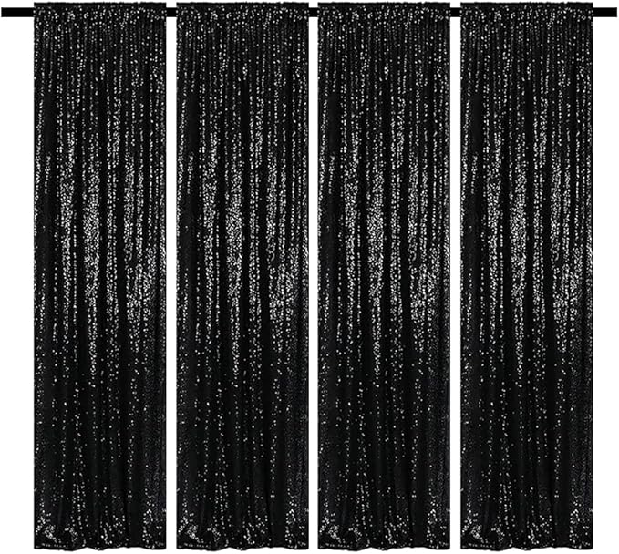 Black Sequin Backdrop Curtains Glitter Drapes 2FTx8FT 4 Panels for Wedding Birthday Party Decorations Bridal Baby Shower Party Supplies Sparkly Photography Background