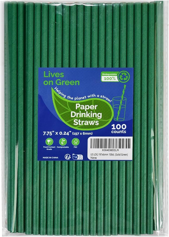 Disposable Paper Straws Solid Green - 7.75'' x 0.24'', 100 Counts - for Drinking, Beverage, Juice, Soda, Bar Supplies