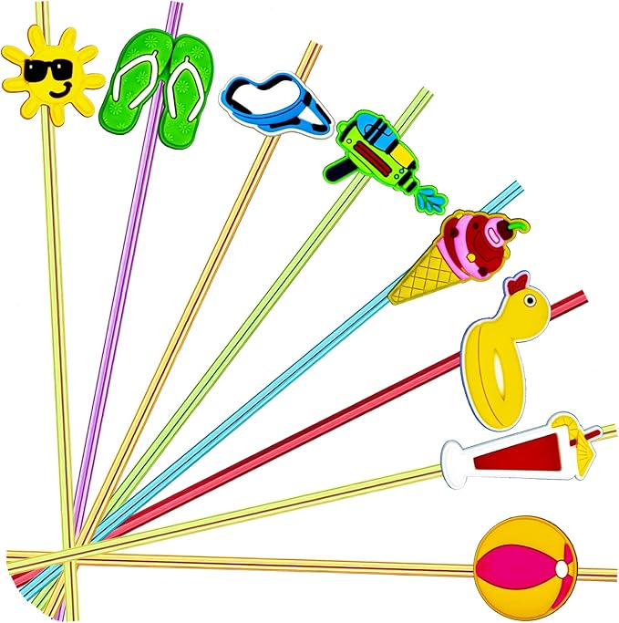 24 Pieces Beach Theme Reusable Plastic Drink Cocktail Straws Beach Ball Pool Summer Birthday Party Favor Decorations With 2 Cleaning Brushes 6 Colors Straws