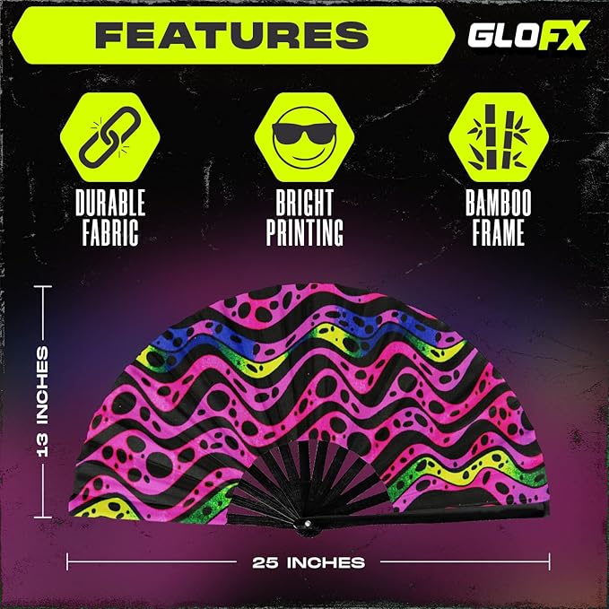 GloFX Folding Fan - Heat Wave - Large Rave Clack Folding Hand Fan for Men and Women - for EDM, Music Festival, Club, Event, Party, Dance, Performance, Decoration, Gift