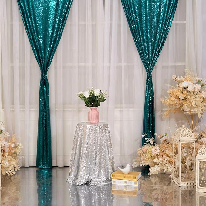Poise3EHome 2Pcs 3Ft x 8Ft Teal Sequin Backdrop Curtain, Glitter Photography Background, Sequence Xmas Thanksgiving Backdrop for Wedding Party Holiday Festival Decor