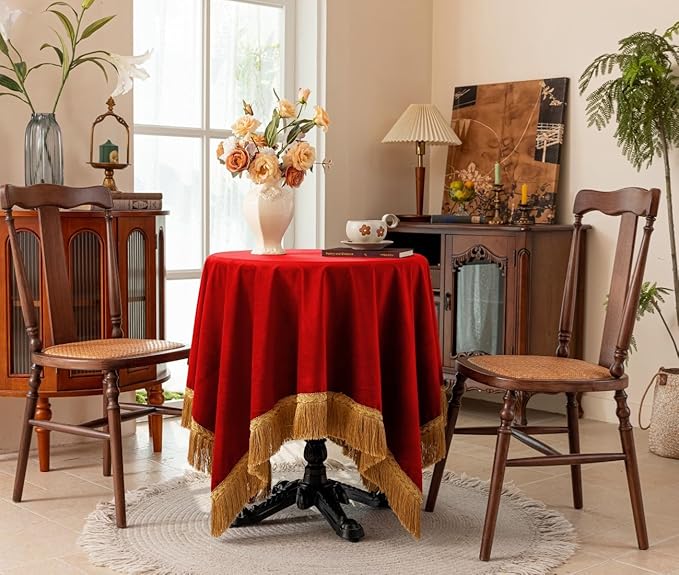 F-CHU Red Tablecloth Thickset Velvet Tablecloth with Beautiful Gold Tassels Vintage Table Cloth for Home Decor Wedding, Party, Banquet and Events 60x120-Inch