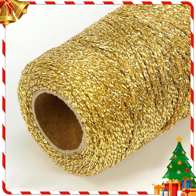 Tenn Well Metallic Gold Twine, 328 Feet 1mm Christmas Gold String Ribbon for Gift Wrapping, Christmas Ornaments, Holiday Decorations, DIY Crafts