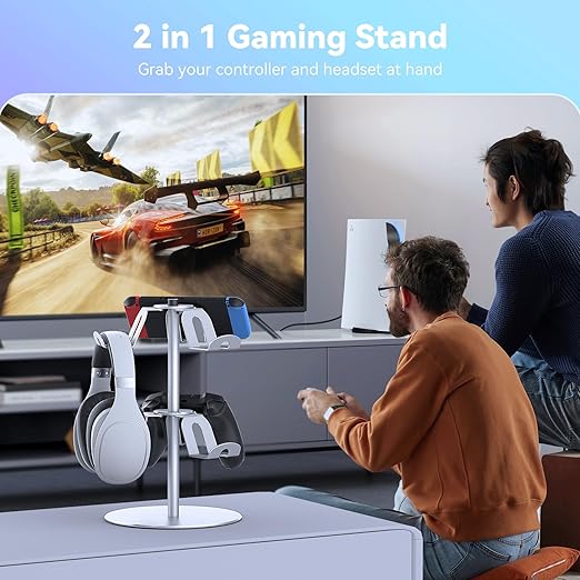 DGPCT Controller Stand Compatible with Xbox PS5 PS4 Nintendo Switch Pro, 2 Tiers Aluminum Headset Holder, Gaming Headphone and Controller Holder Organizer Rack, Universal & Stable (Silver)