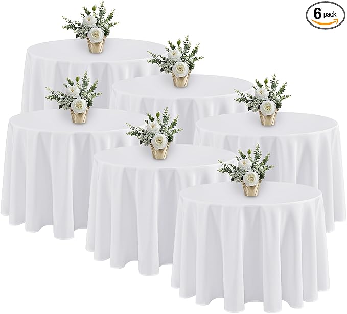 Fitable 6 Pack White Tablecloths for Round Tables - 108 Inches in Diameter - Stain Resistant and Washable Table Clothes, Polyester Fabric Table Covers for Wedding, Party, Banquet, Formal Events