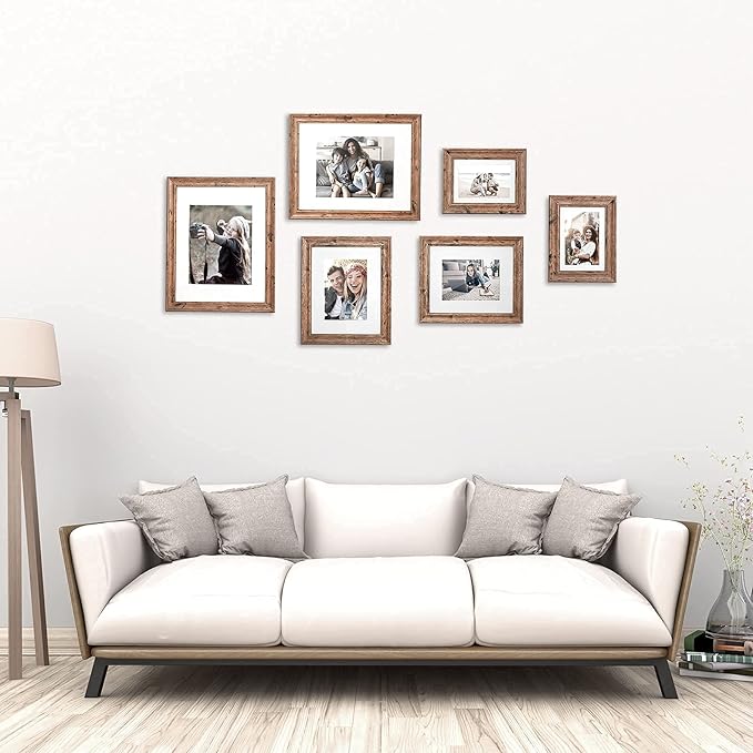 TWING 5x7 Picture Frames Set of 6, Rustic Picture Frame 4x6 with Mat or 5X7 Without Mat, Tabletop Display Wall Mounting Collage Photo Frames Brown Walnut Wood Pattern