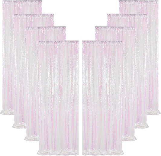 ShinyBeauty 8 Panels Iridescent White Sequin Backdrop | 2Ft x 8Ft Sparkly Photo Booth Background | Glitter Curtains for Baby Showers & Events | Durable & Elegant Shimmer Backdrop