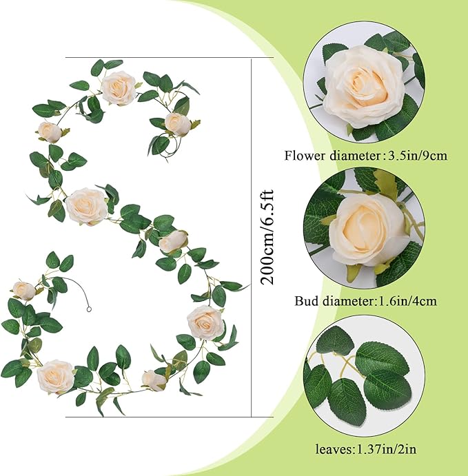 U'Artlines 3 Pack Artificial Champagne Rose Vines Floral Garlands Total 19.5 Ft Fake Vine Silk Flower Garland for Indoor Outdoor Home Wedding Arch Garden Wall Decoration