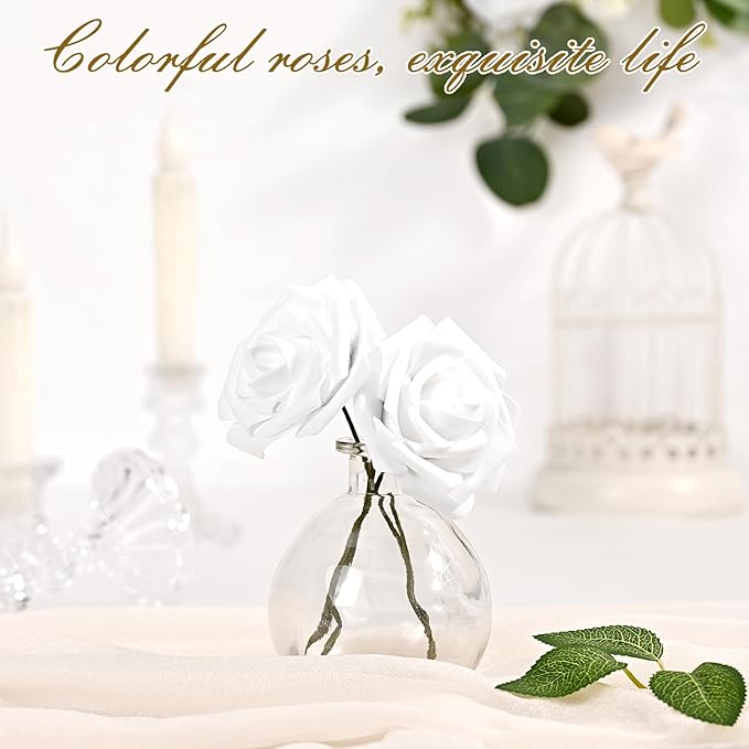 BLEUM CADE 36Pcs Artificial Flowers Fake Roses with Stems, White Boxed Foam Roses for DIY Bouquets Centerpieces Wedding Party Arrangement Bridal Shower Decor