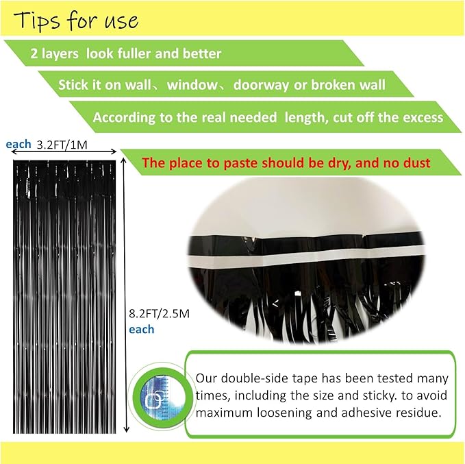 Black Foil Fringe Backdrop Curtains,2 Pack Tinsel Streamers Birthday Party Decorations,Black Fringe Backdrop for men birthday Decorations,Graduation/Prom/Emo/Wars/Halloween Party Decorations,3.3x6.6ft