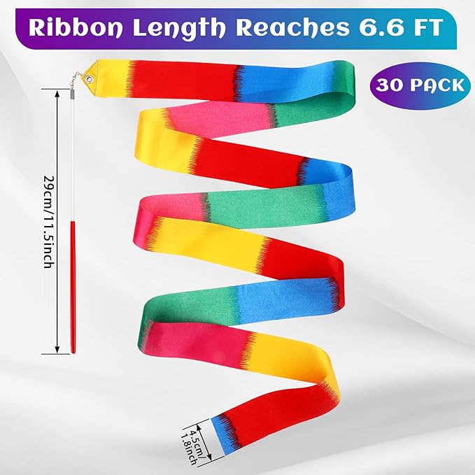 Sratte 30 Pieces Rainbow Dancing Ribbons 78.74 Inches Long Rhythmic Gymnastics Wands Colorful Dance Twirling Streamers for Rainbow Party Favors Party Birthday Gift Gymnastics Equipment