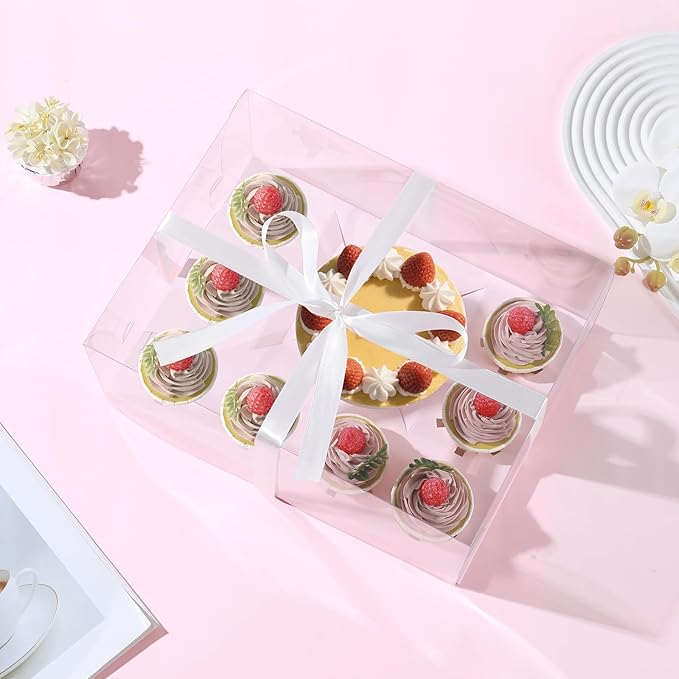 JCD 3 Pcs Pink Cake and Cupcake Combo Bento Boxes with Clear Lid Fit 8 Cupcake and 1 Mini Cake for Valentine Wedding Birthday Party Bakery Supplies(Pink 1+8/3Pcs)