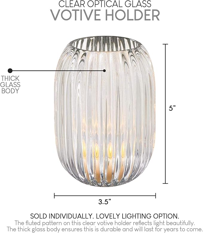Serene Spaces Living Clear Optical Glass Votive Holder, Perfect for Weddings and Home Décor, Measures 5" Tall and 3.5" Diameter