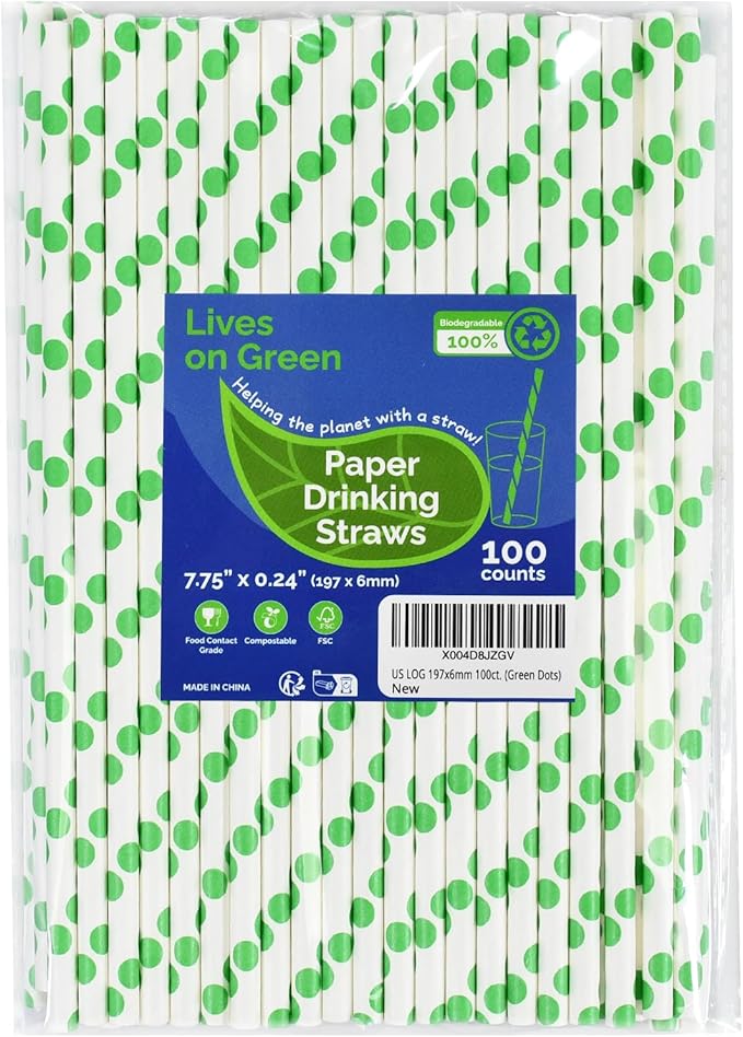 Disposable Green Polka Dots Paper Straws for Drinking 7.75 inch, 100 Counts - Cocktail, Party, Birthday, Decoration, DIY Crafts