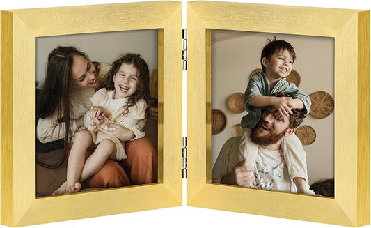 decorUhome Double 4x4 Picture Frame Vertical, Engineered Wood Bifold Photo Frame with Plexiglass for Tabletop Display, 4x4, Gold