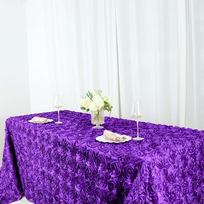 Efavormart 90"x156" Wholesale Rectangle Table Cover Purple Grandiose Rosette 3D Satin Tablecloth for Wedding Party Event Decoration