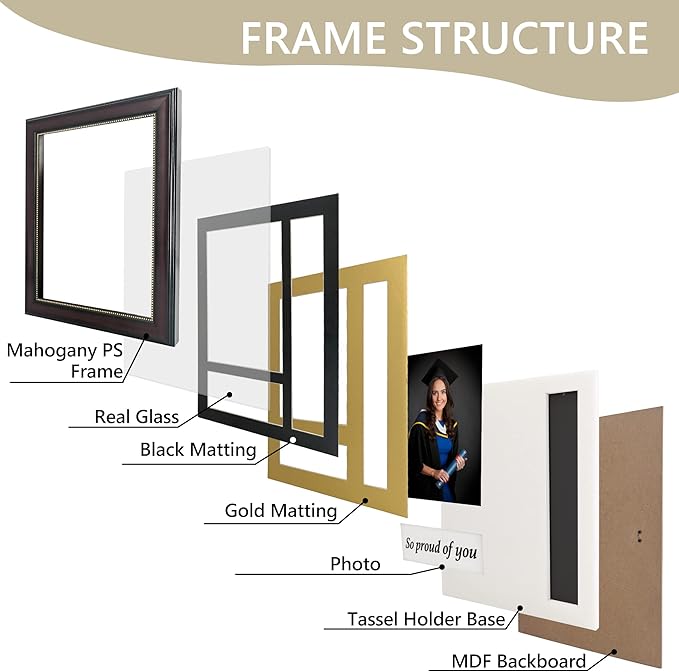 GraduationMall Graduation Photo Shadow Box Frame with Tassel Holder for 4x6 Pictures,Real Glass,Black over Gold Double Mat,Wall & Tabletop Design