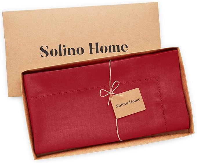 Solino Home Red Linen Tablecloth 52 x 52 Inch - 100% Pure Linen Square Table Throw - Classic Hemstitch, Machine Washable Table Cloth for Christmas