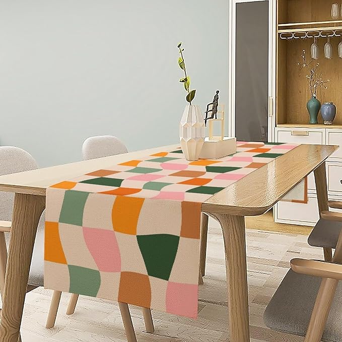 Hippie Table Runner, Vintage Geometric Square Orange Green Pink Grid 60s 70s Style Kitchen Dining Room Decor for Indoor Outdoor Wedding Party Table Runner 13x108 Inch