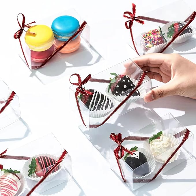 RomanticBaking 100 Pack 4 1/2" x 2 1/4" x 2" Small Chocolate Covered Strawberries Boxes for Mini Cupcakes, Hot Cocoa Bombs, Clear Plastic Party Favors for Christmas