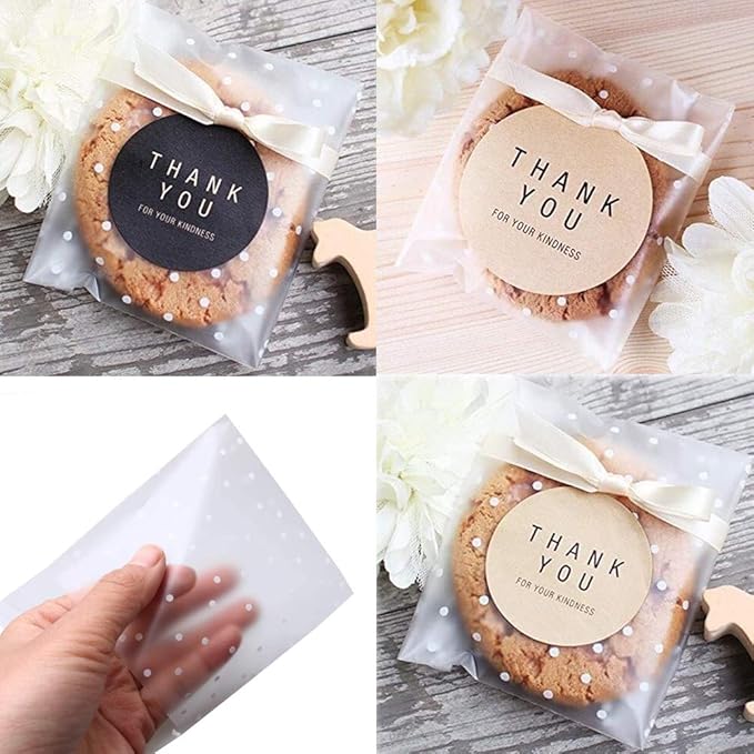 Self Adhesive Cookie Cellophane Treat Bags with Seal 5.5x5.5 Inches, 4 Mils Self Sealing Resealable Individual Plastic Packaging Bags with Thank You Labels for Gift Giving Party Favor Candy 100 Pcs