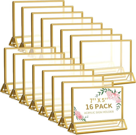 Smarpau 7x5 Gold Acrylic Sign Holder, 16 Pack Wedding Table Number Holders with Horizontal Stand, Double Sided Photo Picture Frames Stands, Flyer Stand, Paper Display Stand for Cafe, Restaurant
