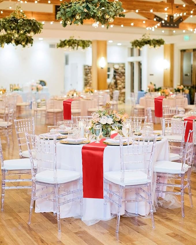 12 Pack Red Satin Table Runner,12 x 108 inch Long Premium Smooth Table Runner for Wedding, Banquets, Birthday, Party, Graduation, Engagements,Table Runners fit Rectangle and Round Table