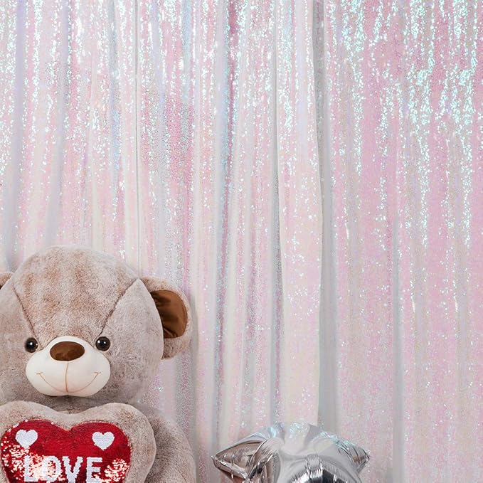 JYFLZQ White Iridescent Sequin Backdrop Curtains 4ft x 6.5ft 1 Panel Glitter Photo Booth Backdrops Sparkly Photography Background Drapes for Parties Wedding Bridal Showers