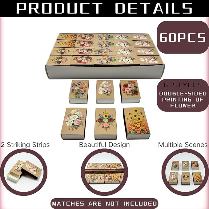 60pcs Flower Match Boxes, 2.25x1.42x0.59in Bulk Fall Spring Floral DIY Light Brown Storage Containers Holders Double-Sided Strikers Wedding Bridal Baby Shower Birthday Party Favor, No Matches Included