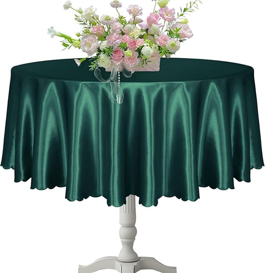 KKJIAF 1 Pack Round Table Cloths 90 Inch, Hunter Green Overlay Round Satin Table Cover, Silky Satin Dining Tablecloths for Wedding Buffet Parties Banquet Decoration