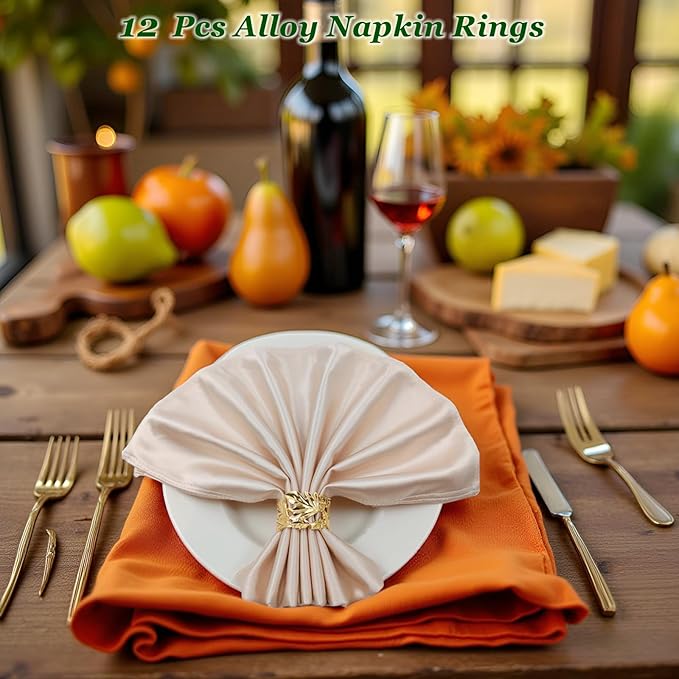Gold Leaf Napkin Rings Set of 12, Mgrlfbl Golden Leaves Fall Napkins Rings Alloy Holders Bulk for Thanksgiving Weddings Christmas Table Setting Decor,Holiday Dinner,Birthday Party Decoration(Round 12)