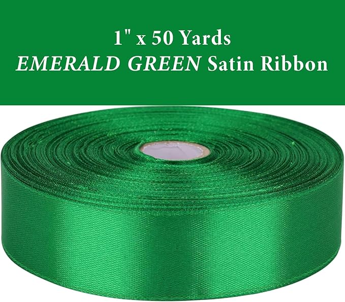 1 Inch Emerald Green Satin Ribbon 50 Yards Solid Fabric Ribbons for Gift Wrapping, Crafts, Floral Arrangements, Wedding, Party, Holiday Decor