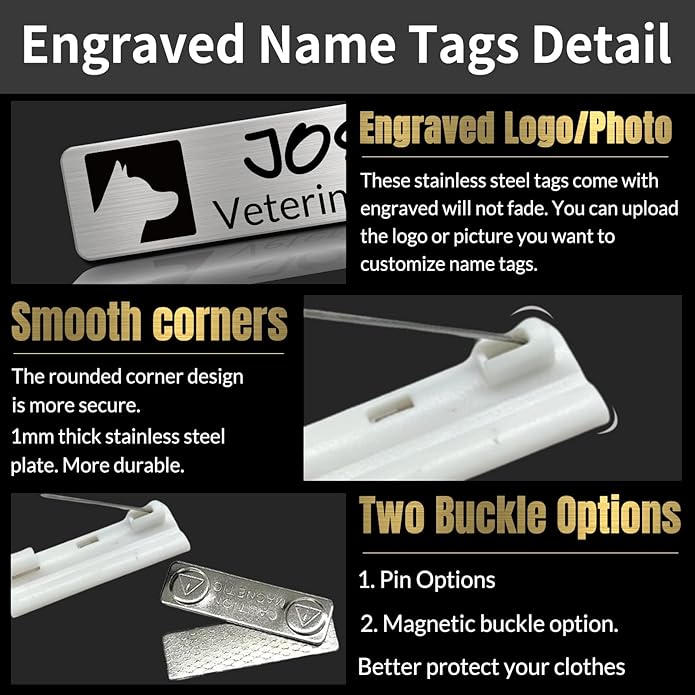 Custom Engrave Name Tag Badges Personalized Magnetic Name Badges with Logo Customize Metal ID Work Tags with Pin Backing Name Tag for Nurses Uniforms Employees Staff