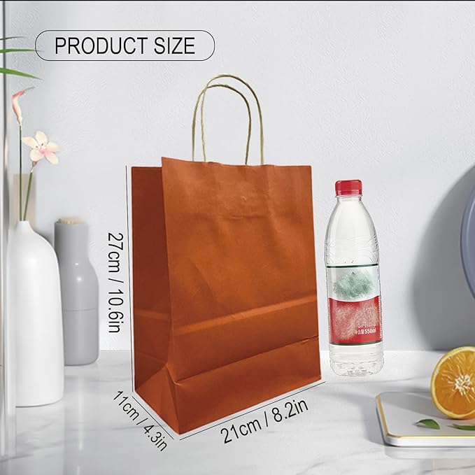 BAG BOX 100 Pack 8.25x4.3x10.6 Inch Orange Gift Bags with Handles,Bulk Kraft Paper Bags for Shopping, Retail, Merchandise, Wedding, Party Favors, Paper Grocery Sacks