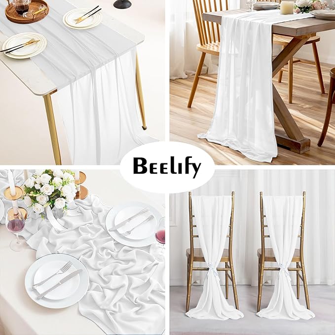 10 Pack 10 Ft Chiffon Table Runner White Gauze Long Table Runners 27x120 Inches Sheer Tulle Table Runner for Rustic Wedding Reception Bridal Shower Decorations Birthday Party