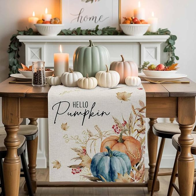 Fall Thanksgiving Cotton Linen Table Runner for Dining Kitchen, Orange Pumpkins Outdoor Party Autumn Tablerunners Decoration, Rustic Wheat Leaves Dresser Scarf Coffee Tablecloth Runners 13x36 Inches