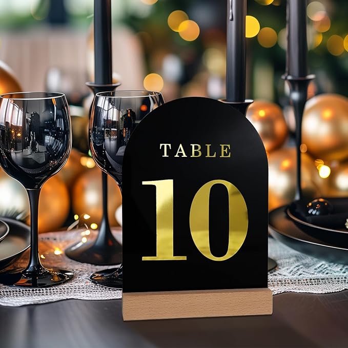 Wedding Table Numbers 1-10, Acrylic Arch Signs with Natural Wood Stands Holders, Rustic Table Decor for Reception & Parties (Black Gold)