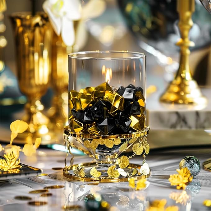 HappyFiller Fall Halloween Decoration Fake Ice Rocks Acrylic Nuggets Gems Stones Pirate Jewels for Wedding Centerpieces Vase Fillers,Graduation Party Table Scatters,Home Accents,Gold Black,14 OZ